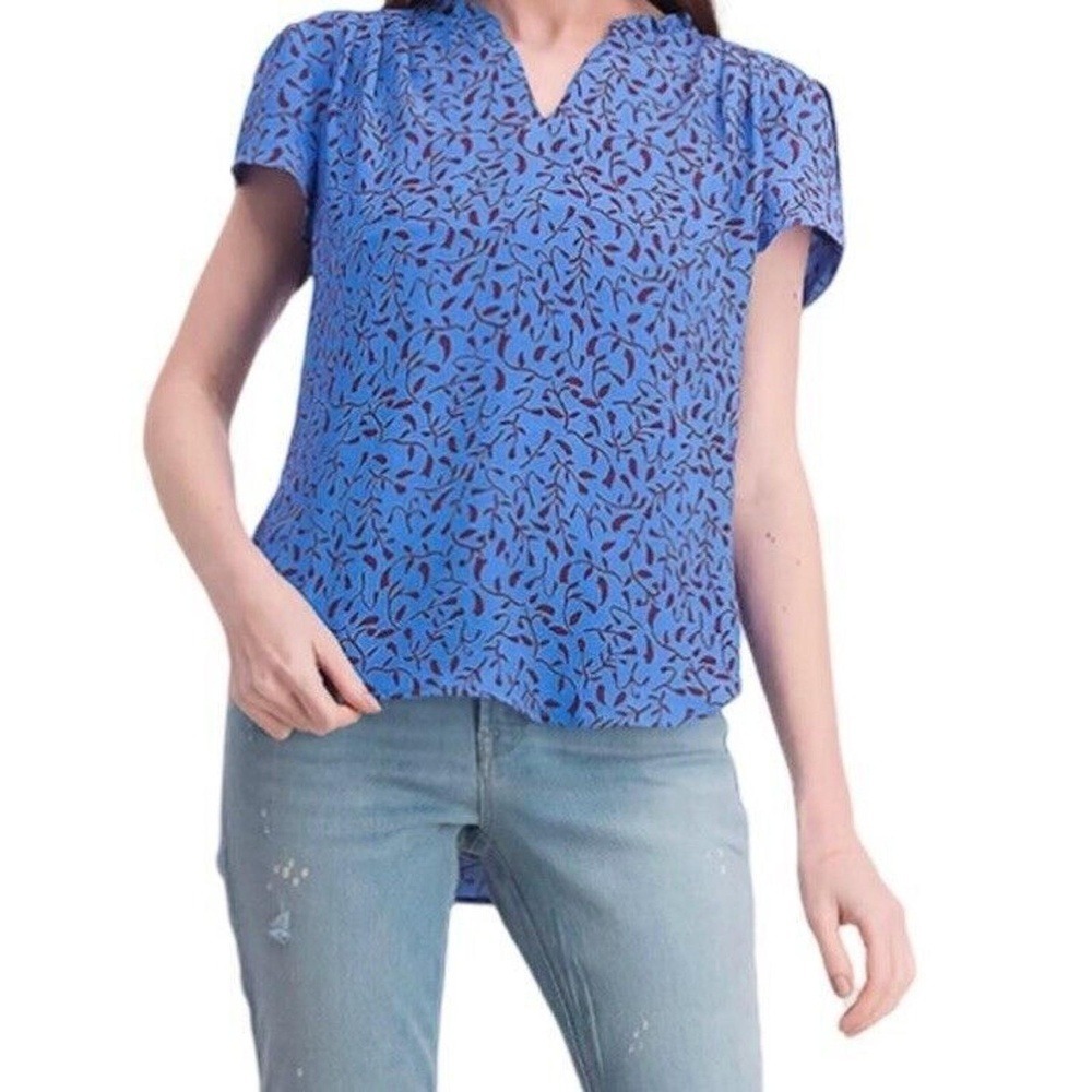 41 Hawthorn Blouse Womens S Petite Floral Cap Sleeve Blue Modern Workwear